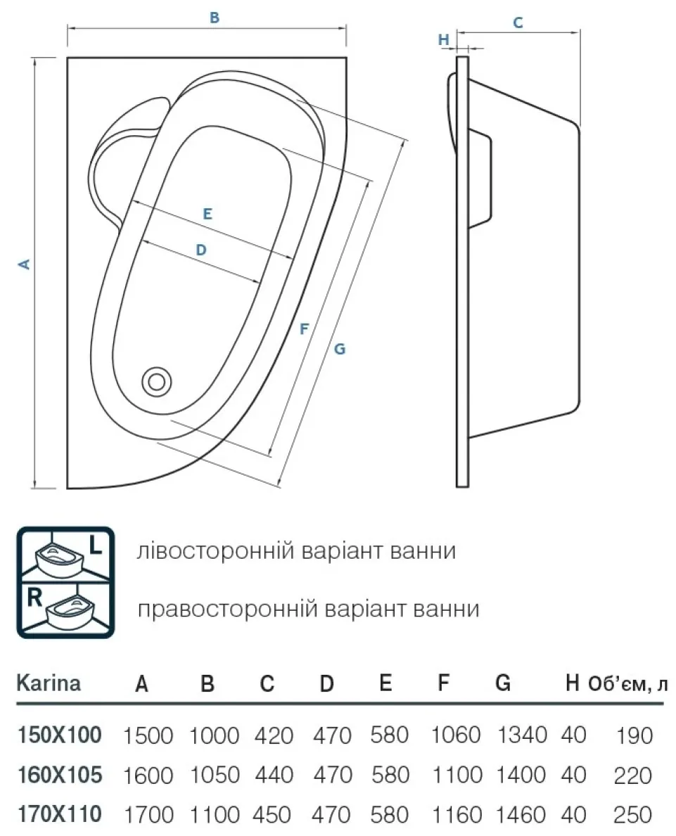 Ванна акриловая Koller Pool Karina 150х100 L (1209240134)- Фото 4